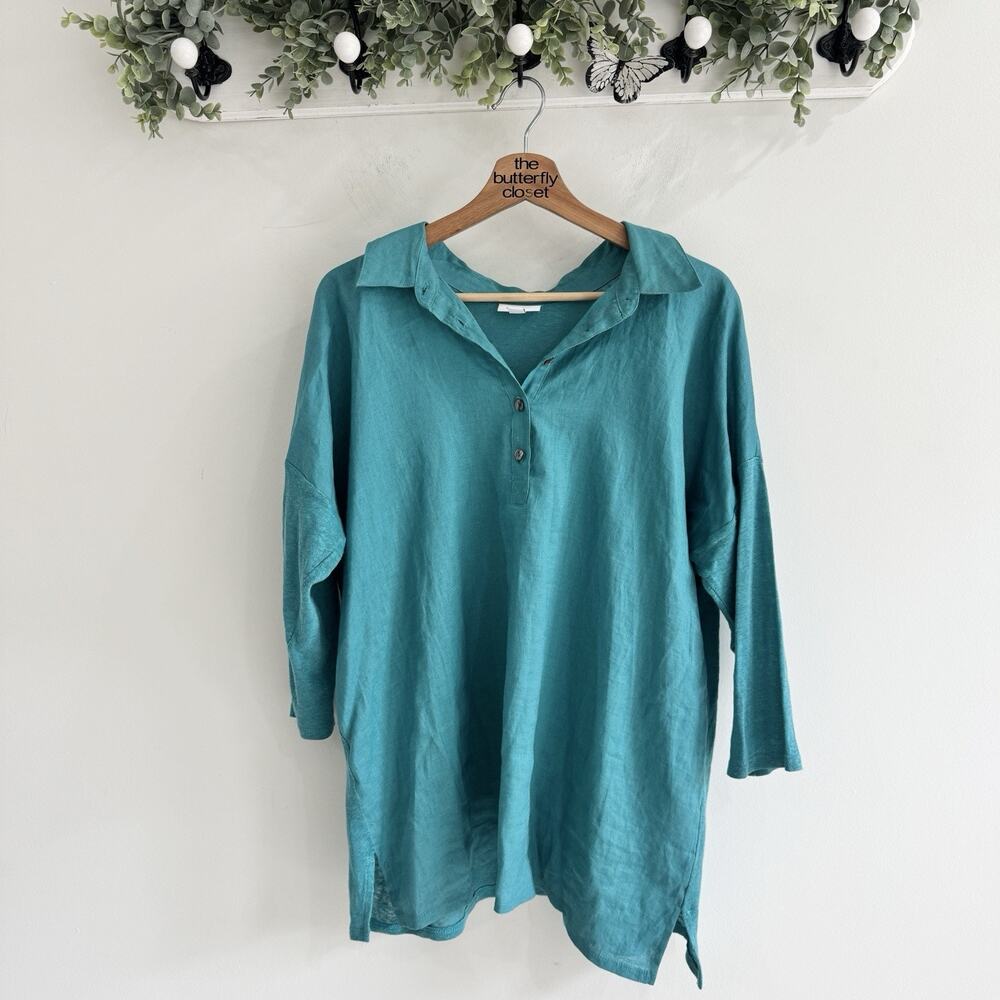 J. Jill 100% Linen Collared Teal Half Button Shirt Medium Pb